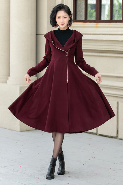 Burgundy winter wool coat with zipper closure 5345