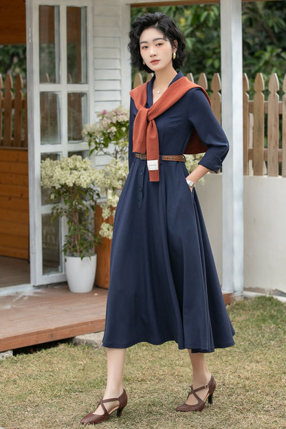 Xiaolizi Navy Linen Shirt Dress – Vintage A-Line Midi 6694-Size XS #CK2600163