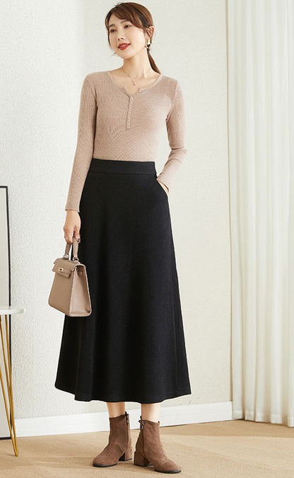 Brown Wool A-Line Midi Skirt - High Waist Winter Essential 3861