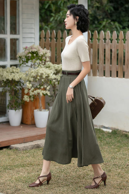 Xiaolizi Army Green Linen Midi Skirt – Vintage High Waist A-Line 6695