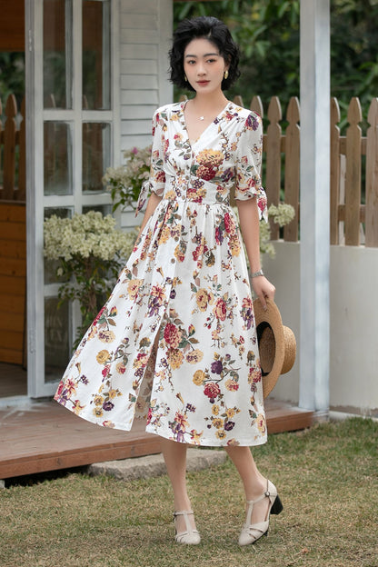 Xiaolizi Floral Linen Midi Dress – Vintage V Neck A-Line 6699