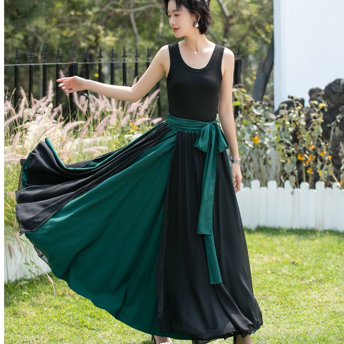 Black and Emerald Green Chiffon Maxi Skirt | Xiaolizi 6741
