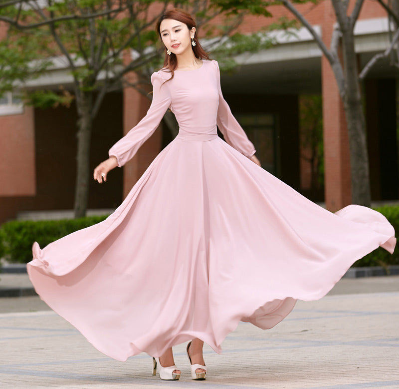 Pink Chiffon Maxi Dress with Long Sleeve Swing Silhouette – Xiaolizi