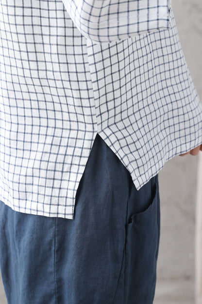 White Check Linen Blouse – Loose Fit 3/4 Sleeve Summer Top 3337