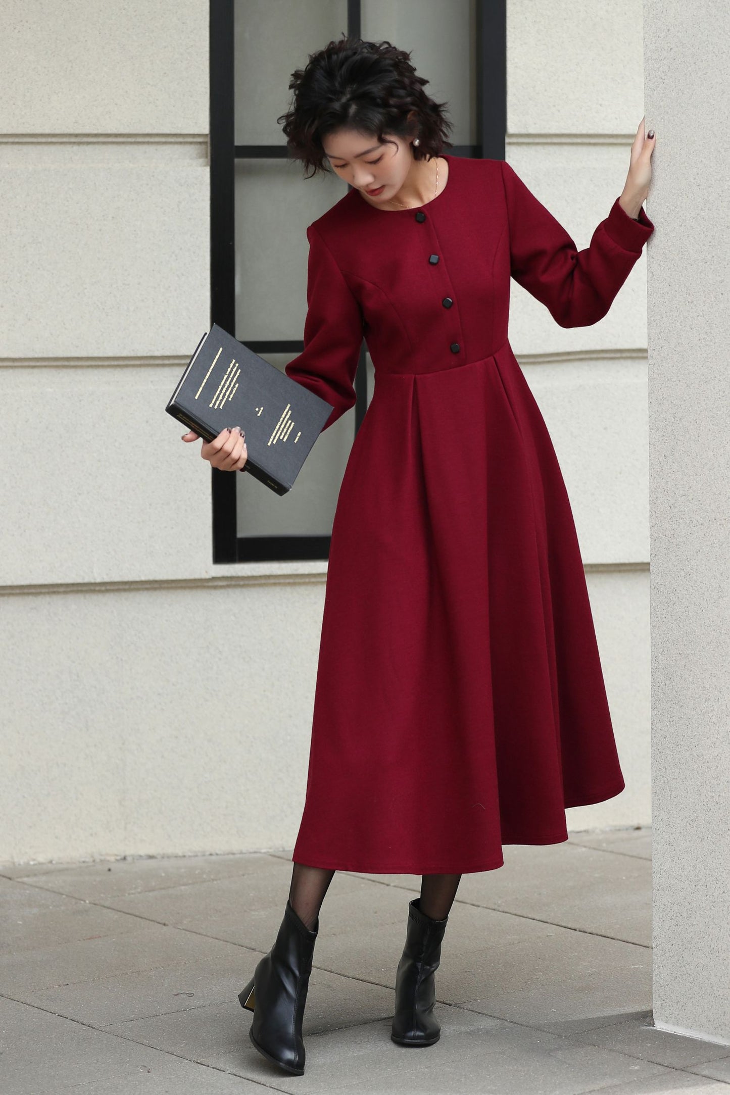 Handmade Vintage Wool Dress – Burgundy Fit and Flare Midi Dress for Winter 6612