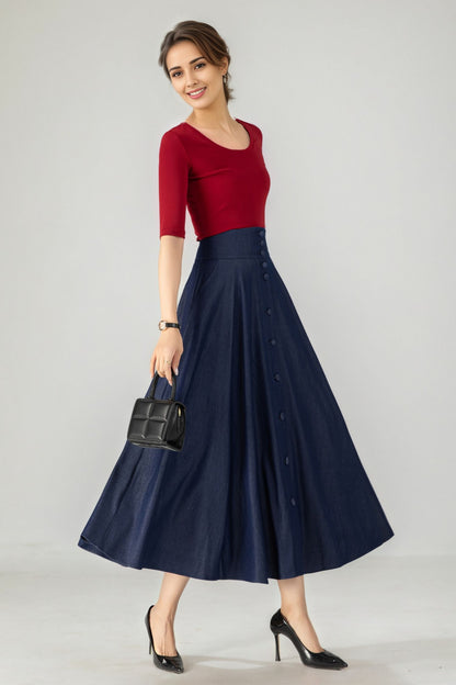 Navy Cotton Denim Midi Skirt - A-Line High Waist Button Front 6143