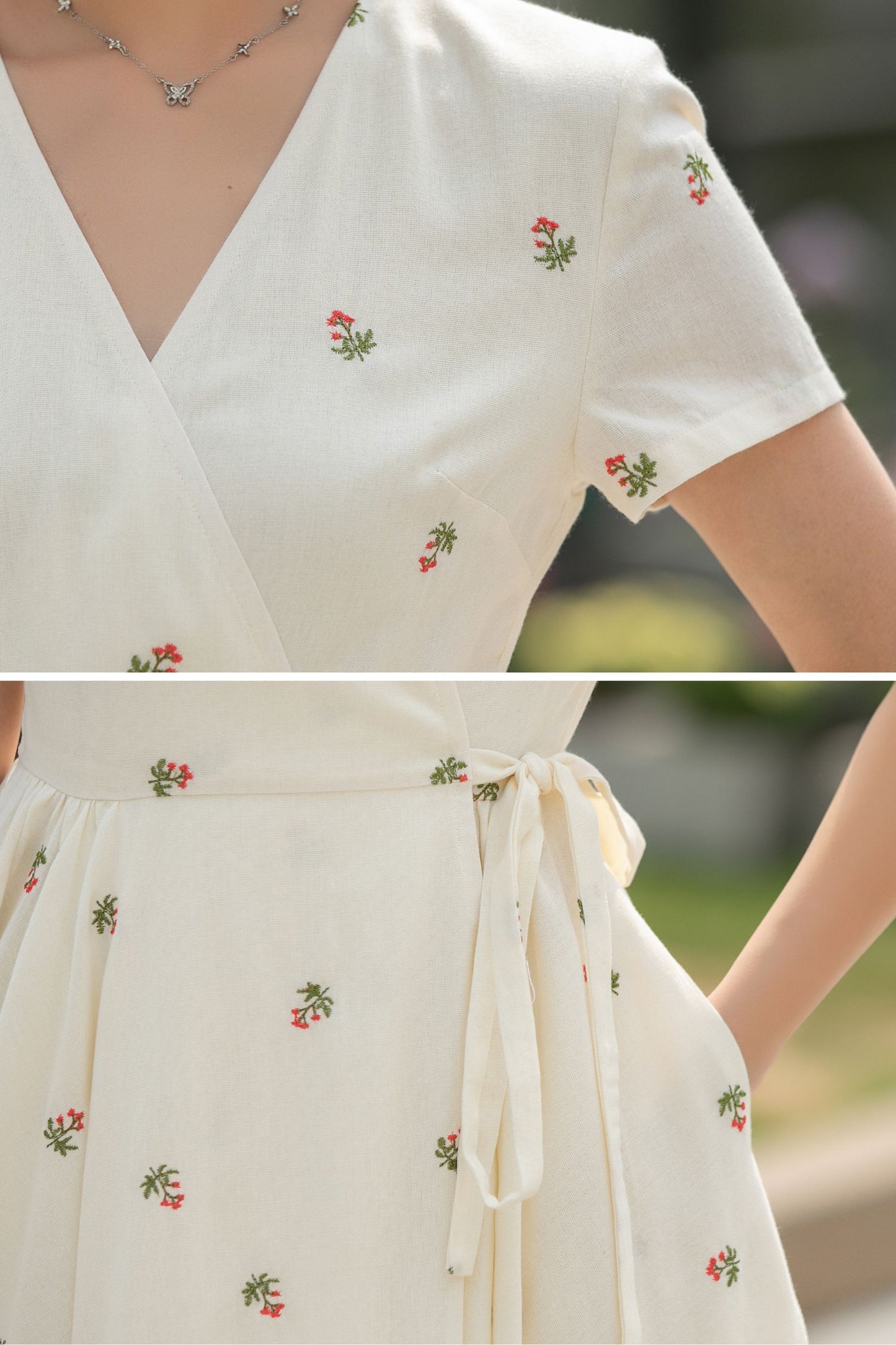 Handmade Cream White Embroidered Linen Cotton Wrap Dress – Vintage Summer Midi 5835