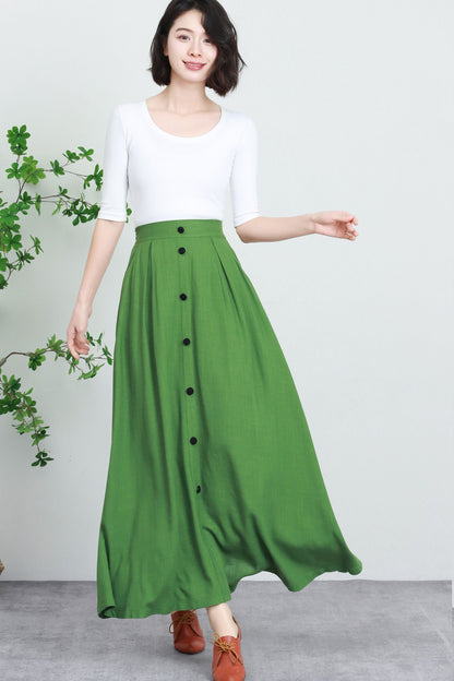 Green Cotton Linen Maxi Skirt - Button Down Pleated Design 5732