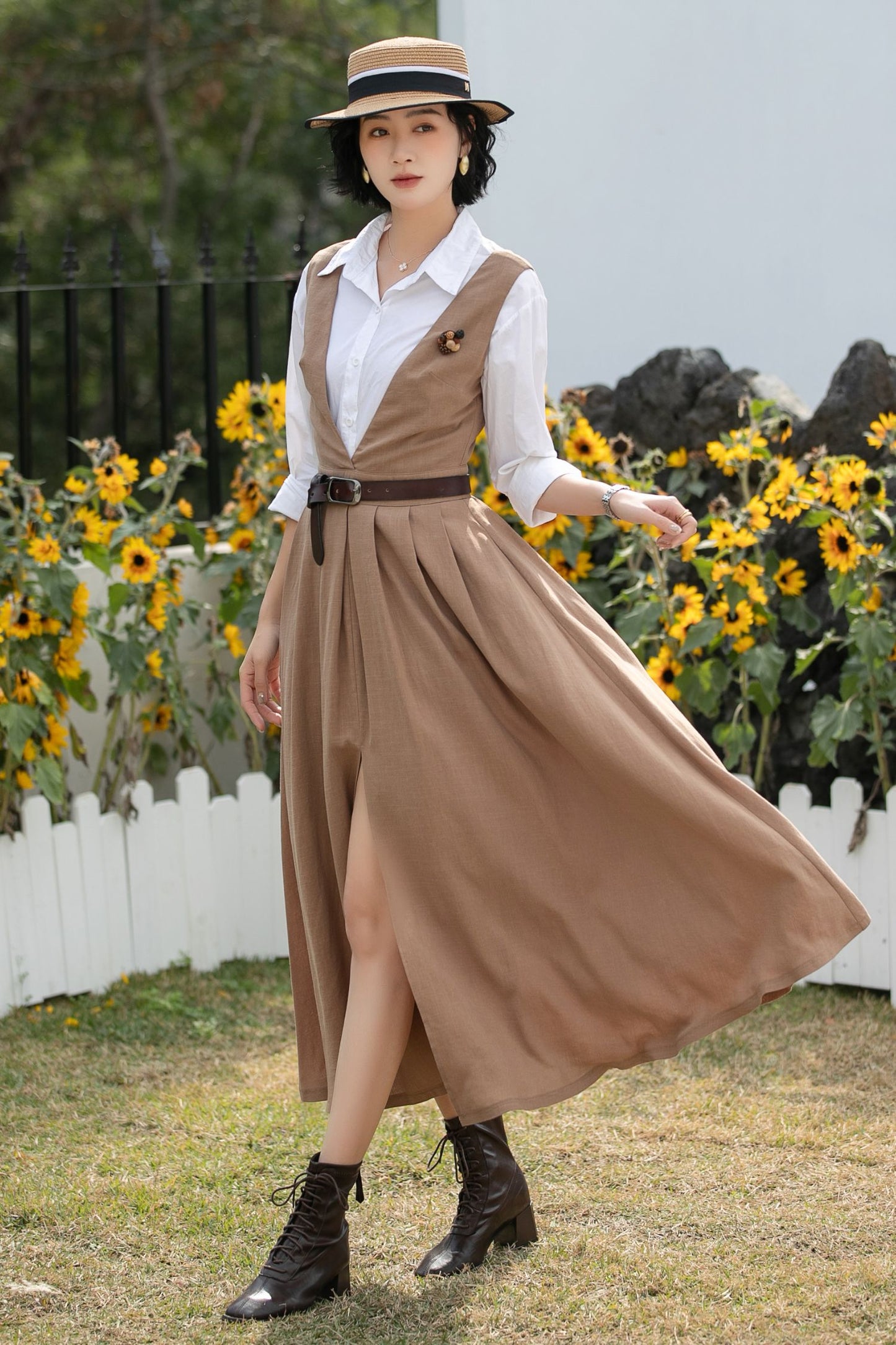 Xiaolizi Linen Pinafore Dress – Vintage V Neck Midi Swing Dress 6690