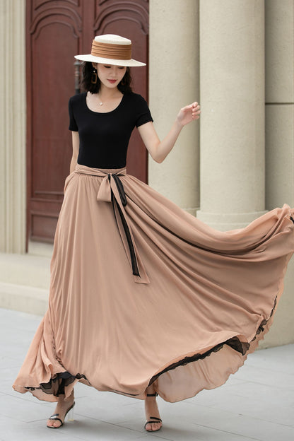 Black Chiffon Maxi Boho Skirt Women 5107