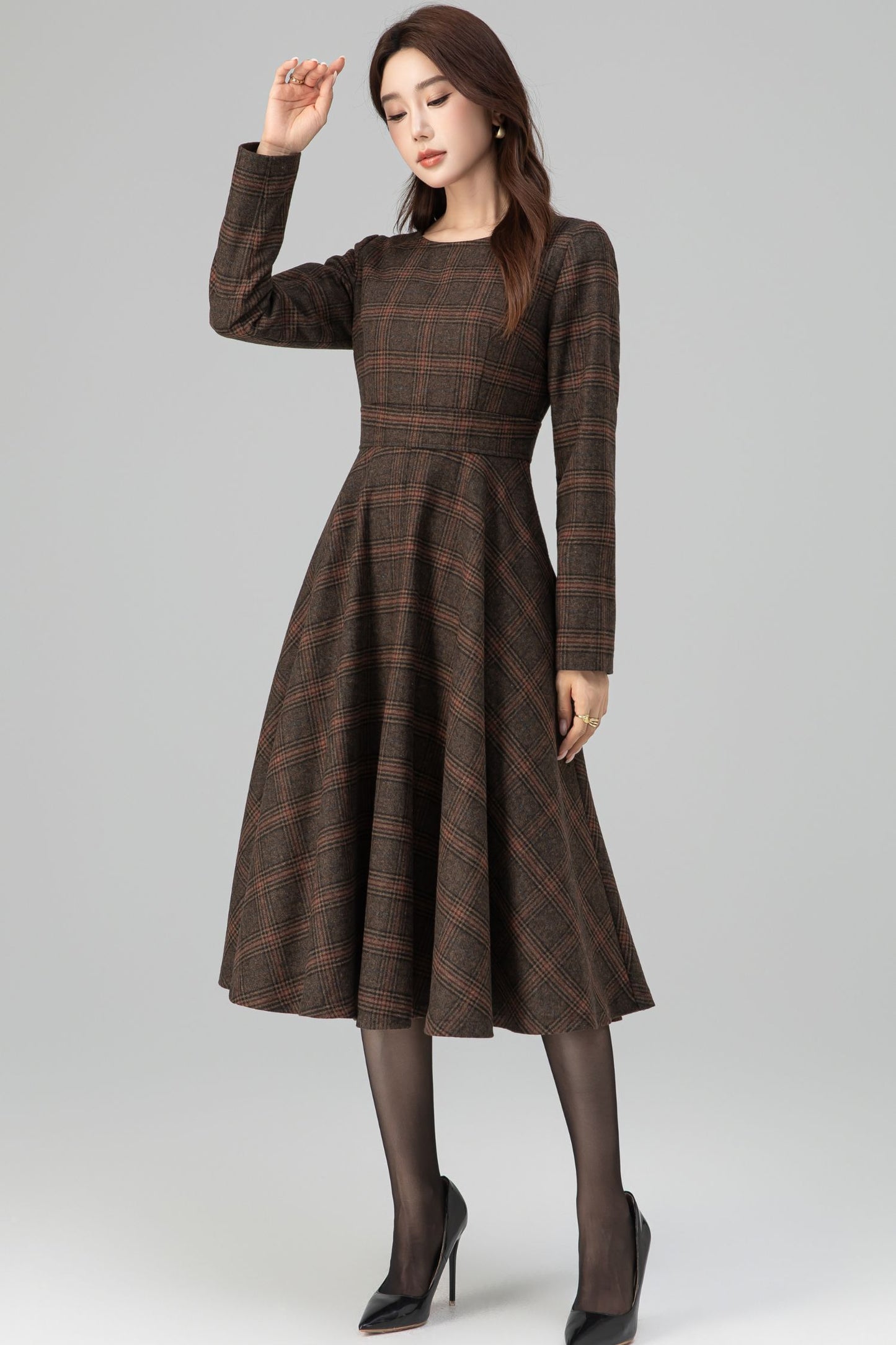 Brown Wool Blend Plaid Dress – Handmade Vintage Midi Winter Style | Xiaolizi 6391