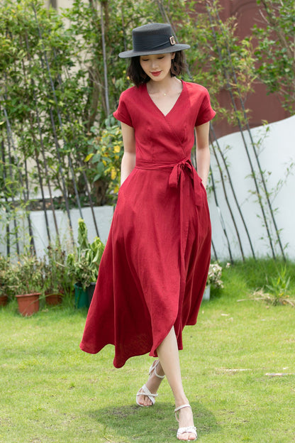 Short sleeve Burgundy Linen Wrap dress 5202