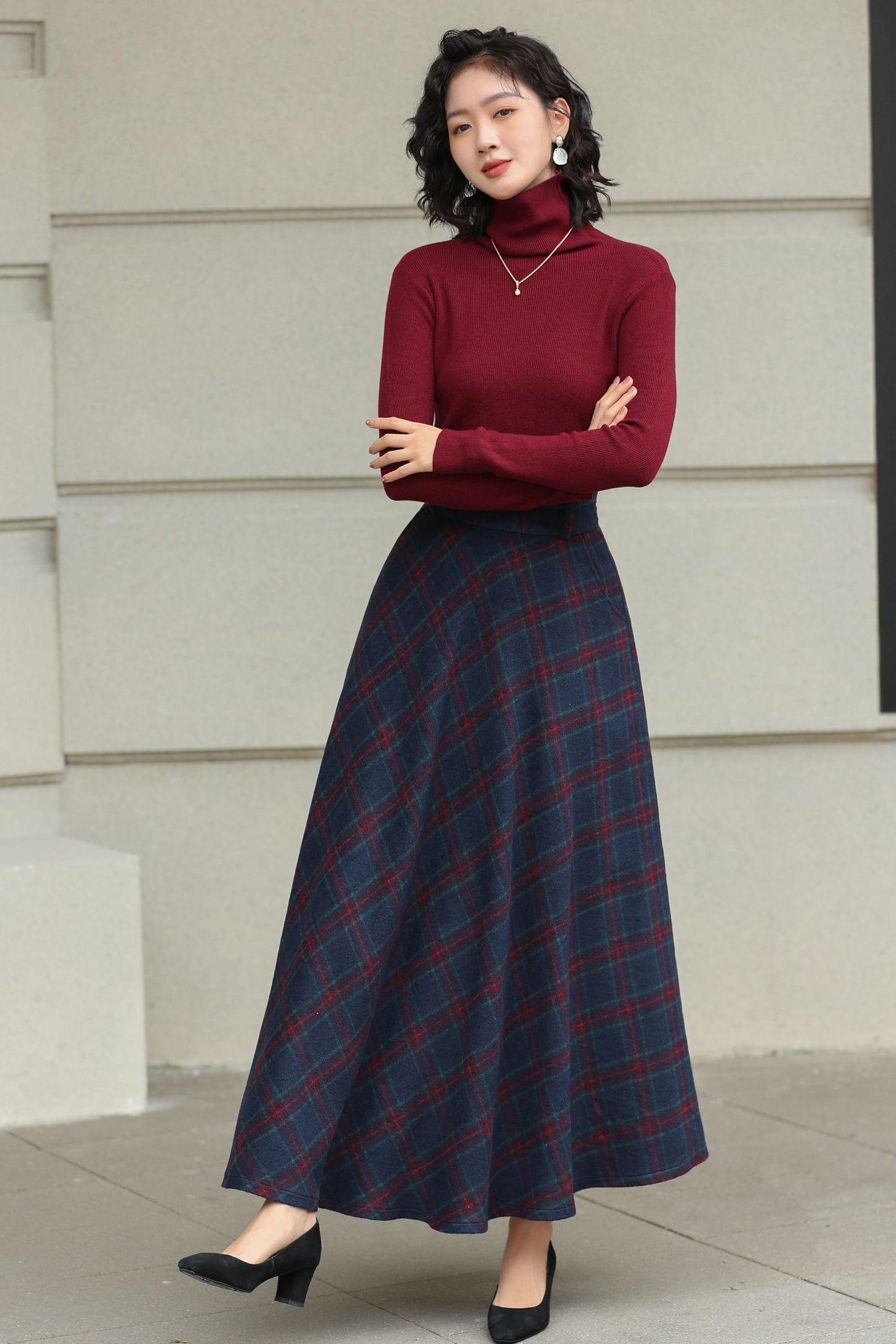 Handmade Charcoal Grey Plaid Wool Maxi Skirt – High Waist Winter Elegance | Xiaolizi 6426