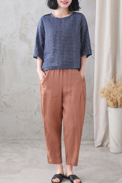 Navy Check Linen Blouse – Loose Fit Summer Top with 3/4 Sleeves 3336