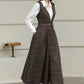 Brown Plaid Wool Midi Dress – Vintage Sleeveless Pinafore Swing Dress 6417