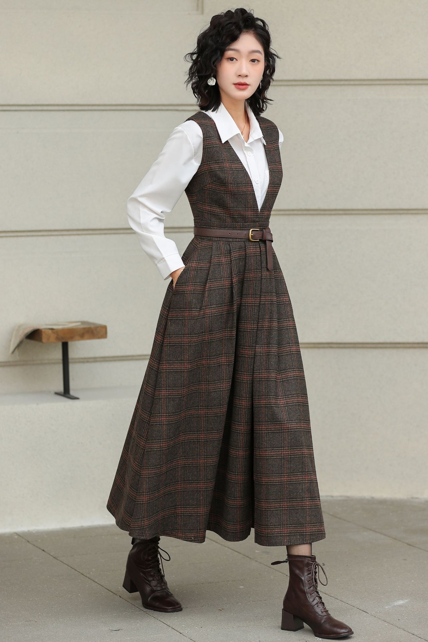 Brown Plaid Wool Midi Dress – Vintage Sleeveless Pinafore Swing Dress 6417