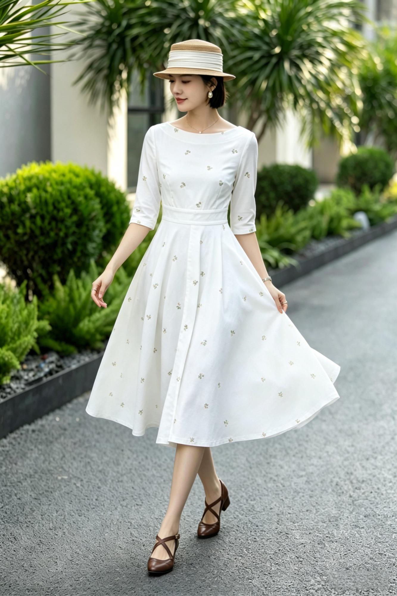 White Linen Cotton Midi Dress – Vintage Fit & Flare with Pockets 6785
