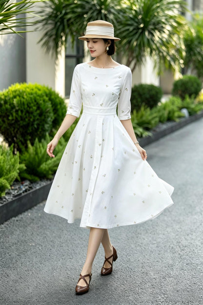 White Linen Cotton Midi Dress – Vintage Fit & Flare with Pockets 6785