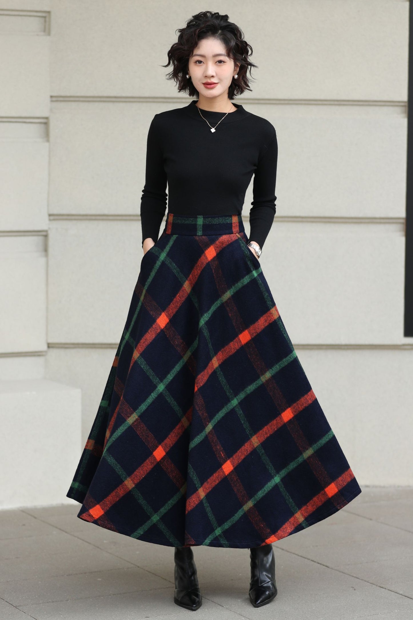 Xiaolizi Plaid Wool Maxi Skirt for Women – Handmade A-Line Winter Swing Skirt 6619