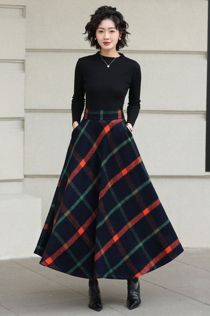 Xiaolizi Plaid Wool Maxi Skirt for Women – Handmade A-Line Winter Swing Skirt 6619