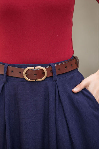 Navy a line Linen Maxi Skirt with Pockets  2778