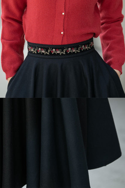 Vintage Black Wool Midi Skirt – Embroidered Waist Circle Skirt  5310