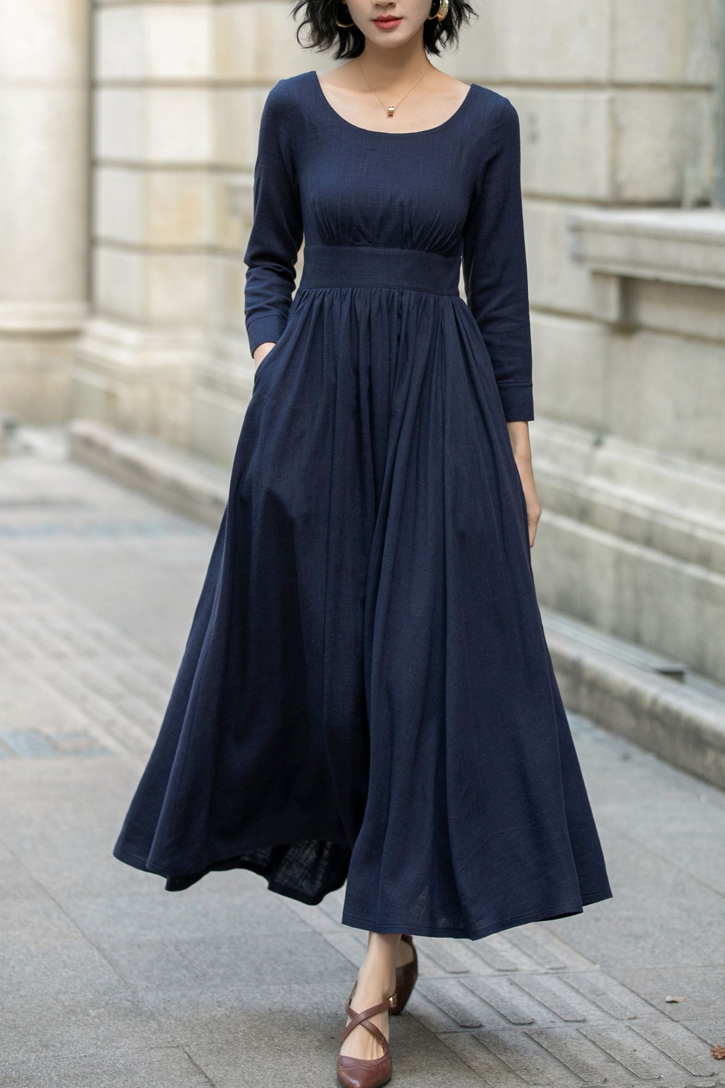 Navy Blue Maxi Linen Dress 5683