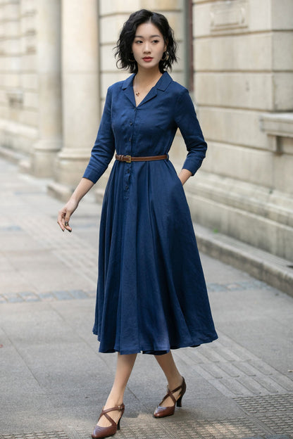 Navy Linen Shirt Dress for Women, Xiaolizi Belted A-Line Dress 5682