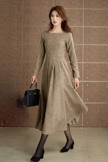 Handmade Wool Blend Dress – Elegant Camel Midi with Pockets 5361