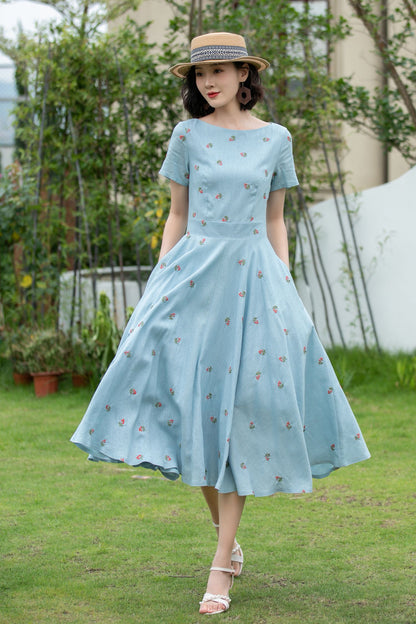 Blue Linen Cotton Fit and Flare Dress - Embroidered, Boat Neck 5204