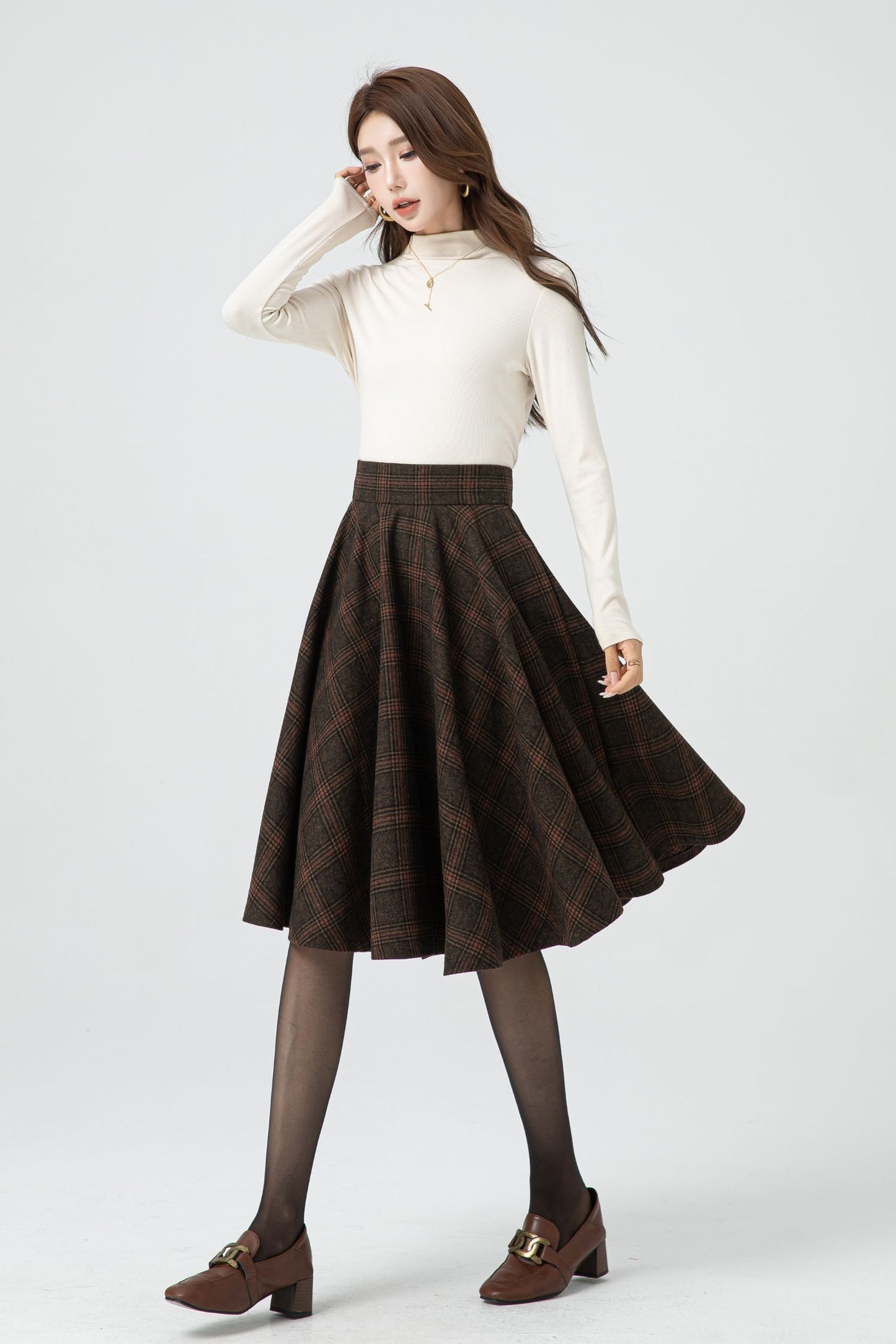 Handmade Knee length plaid winter wool skirt 5323