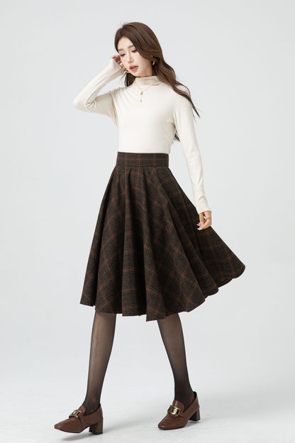 Brown Plaid Wool Midi Skirt – Vintage High Waist Pleated Circle Skirt 5323