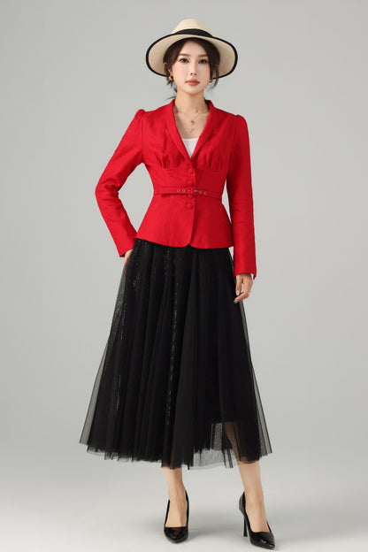 Linen Two-Piece Set - Vintage Blazer & Circle Midi Skirt | Xiaolizi 5759