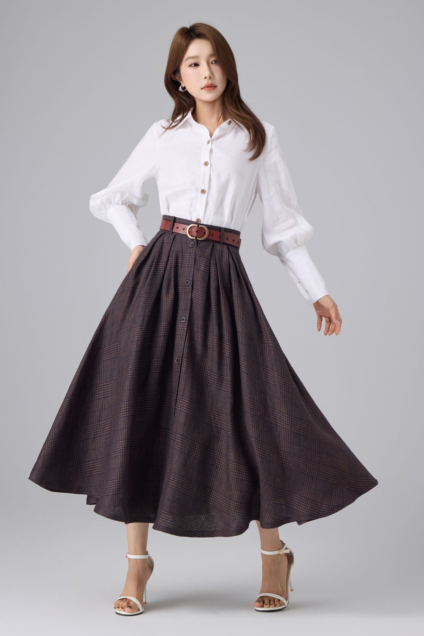 Brown Linen Cotton Skirt - Plaid High Waist | Xiaolizi 6756