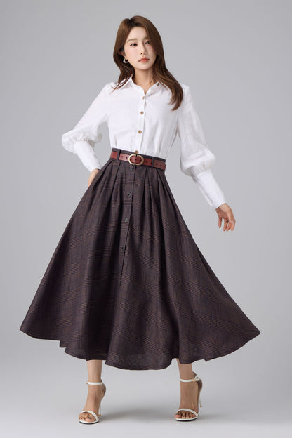 Brown Linen Cotton Skirt - Plaid High Waist | Xiaolizi 6756