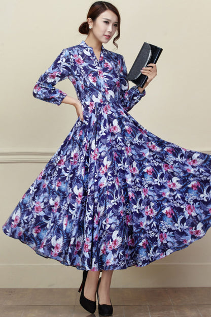 Floral Linen Midi Shirt Dress - Button Front Pockets | Xiaolizi 3419
