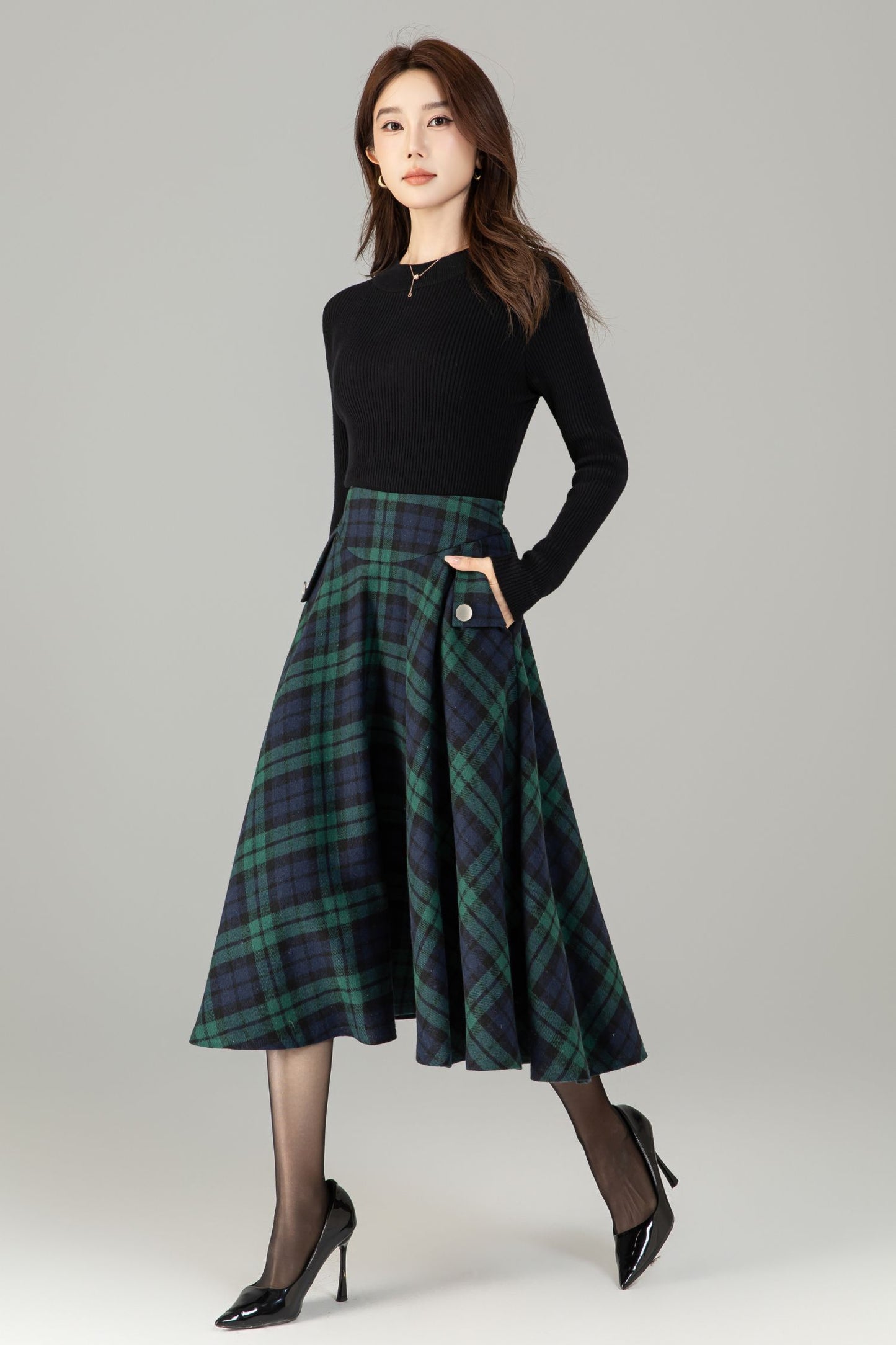 Xiaolizi Plaid Wool-Blend Pleated A-Line Midi Skirt – Plus-Size Winter 6502