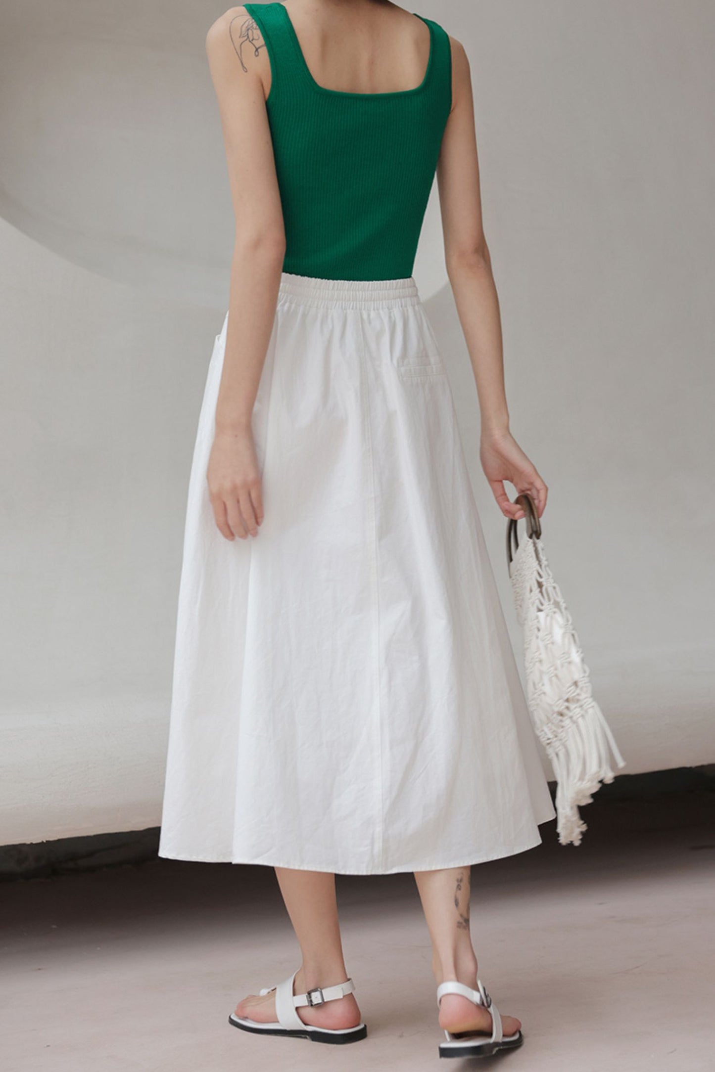 White a line elastic waist skirt with pockets L0605