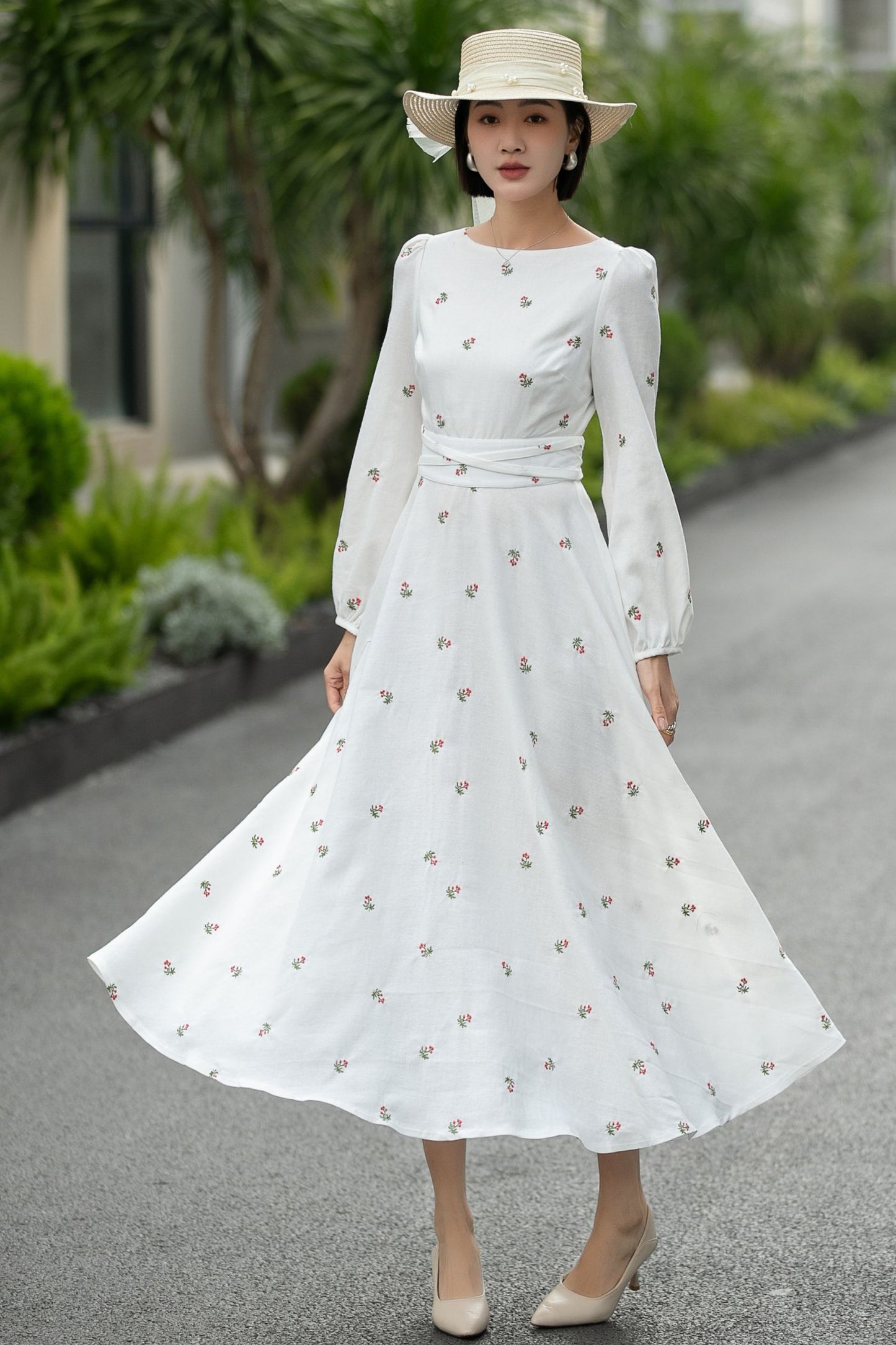 Handmade White Floral Linen Midi Dress – Vintage A-Line Long Sleeve Dress 6661