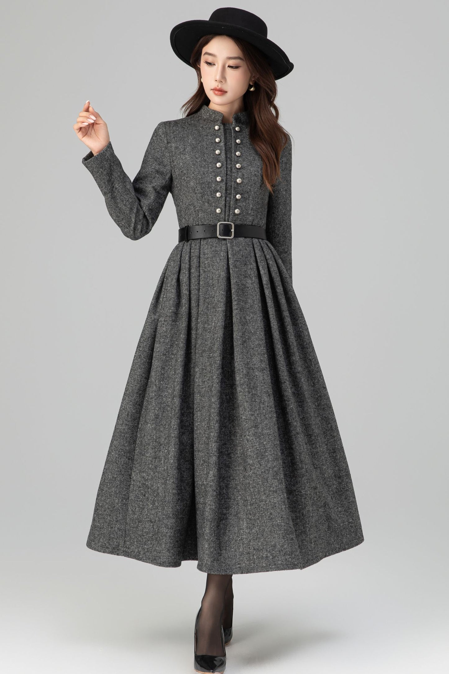 Long Sleeve Pleated Swing Wool Dress 6389