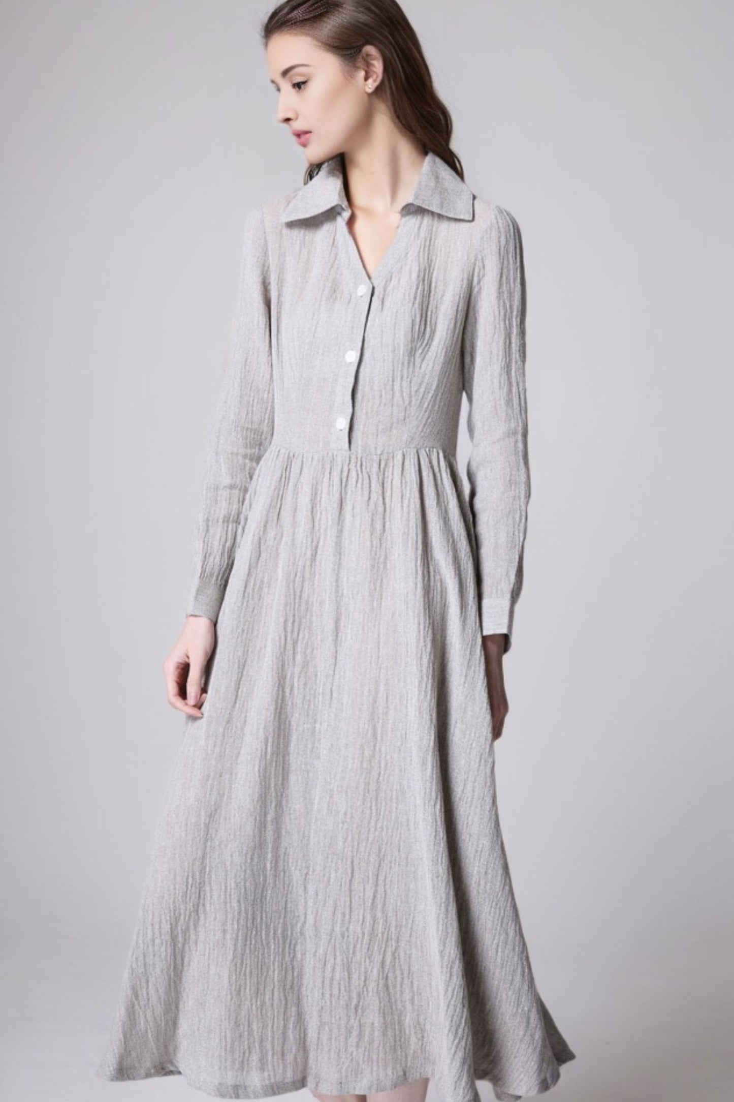 Gray Cotton-Linen Midi Shirt Dress 5511