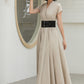 Beige Linen Wrap Dress – Short Sleeve Midi Dress with Belt & Pockets 5836