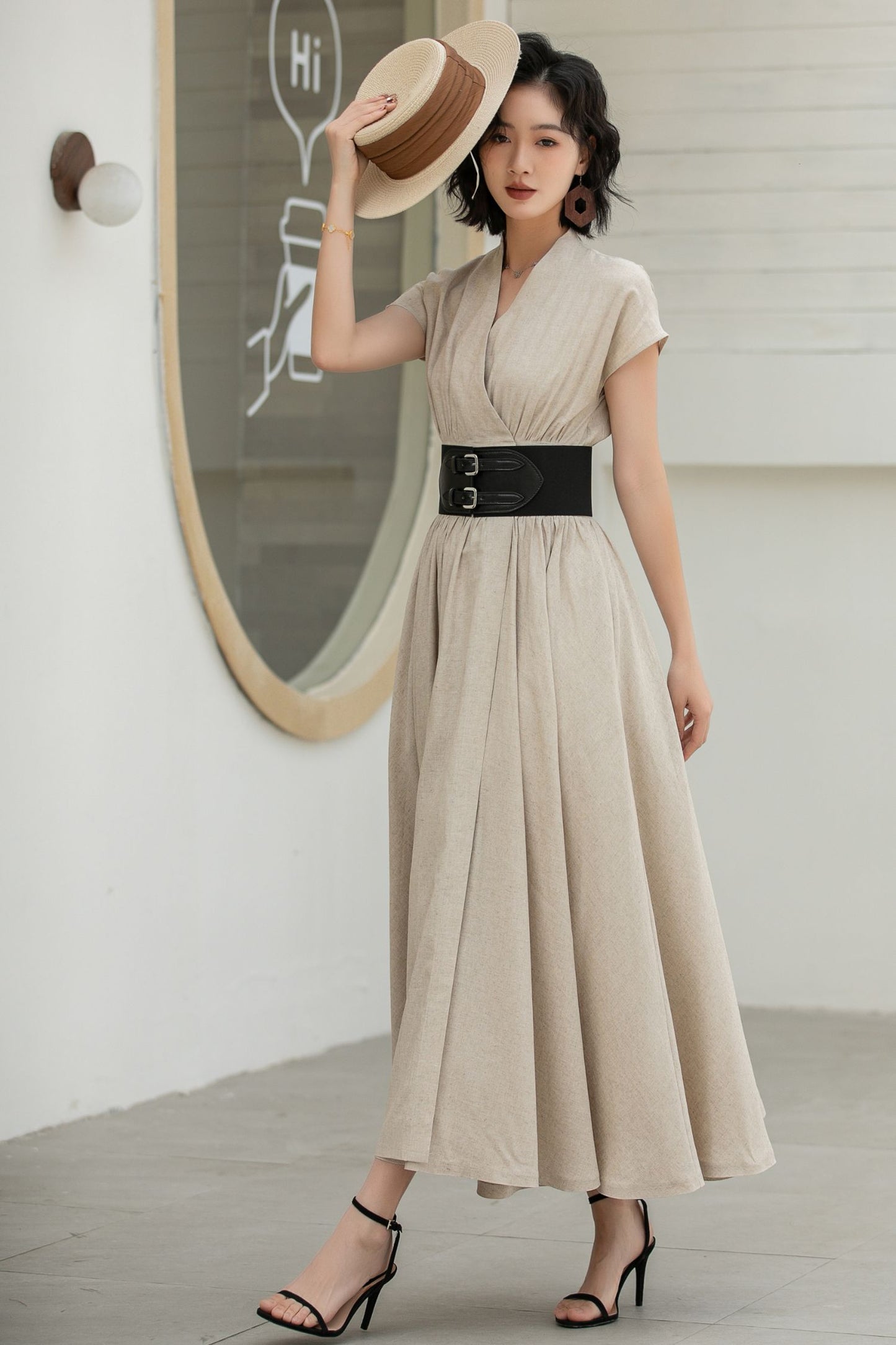 Beige Linen Wrap Dress – Short Sleeve Midi Dress with Belt & Pockets 5836