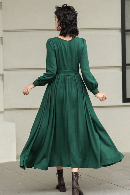 Green Linen Cotton Maxi Dress - Pleated Waist, Flowing A-Line Silhouette 6425