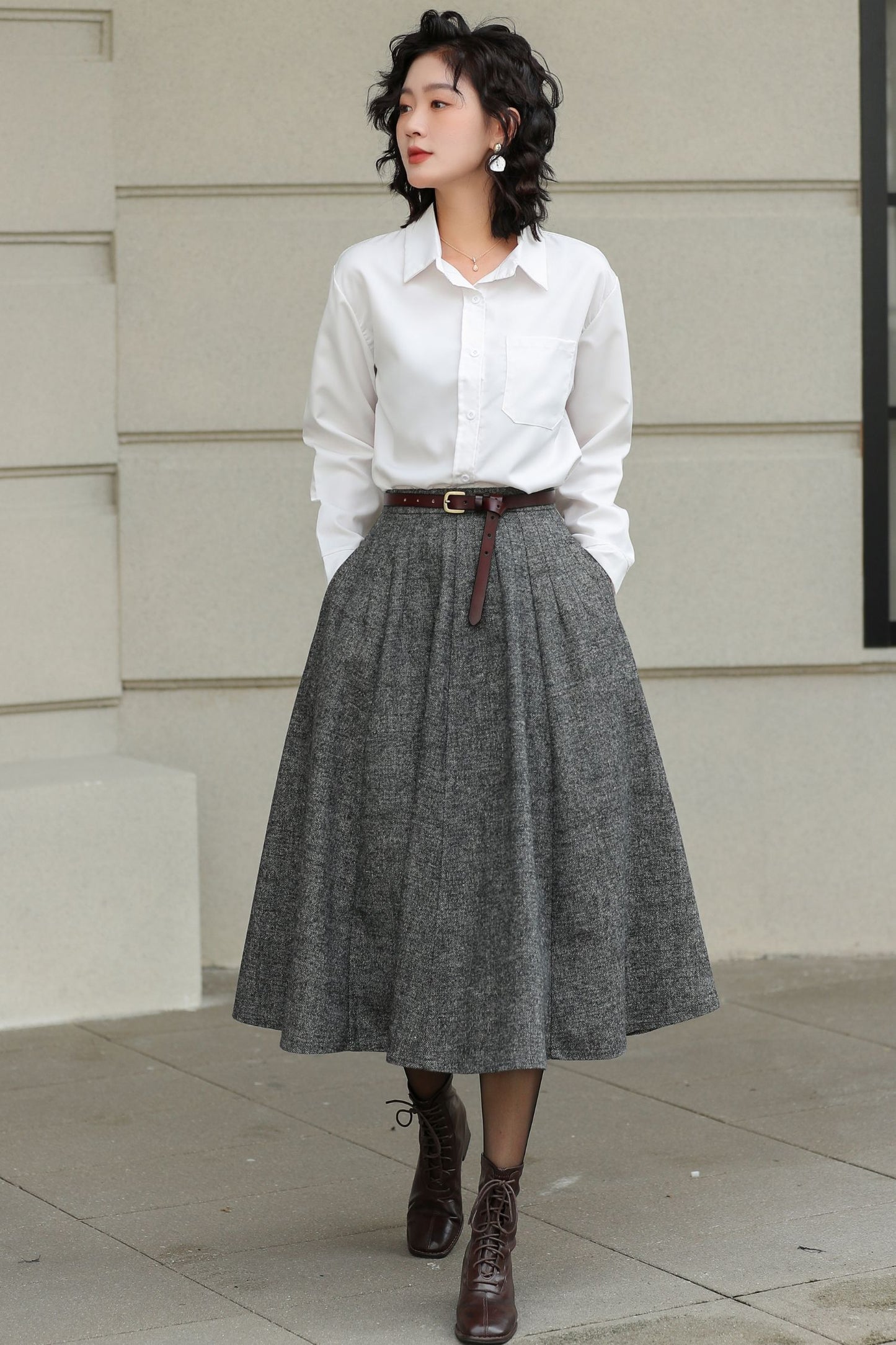 Grey Wool Pleated Midi Skirt - A-Line Silhouette with Pockets 6416