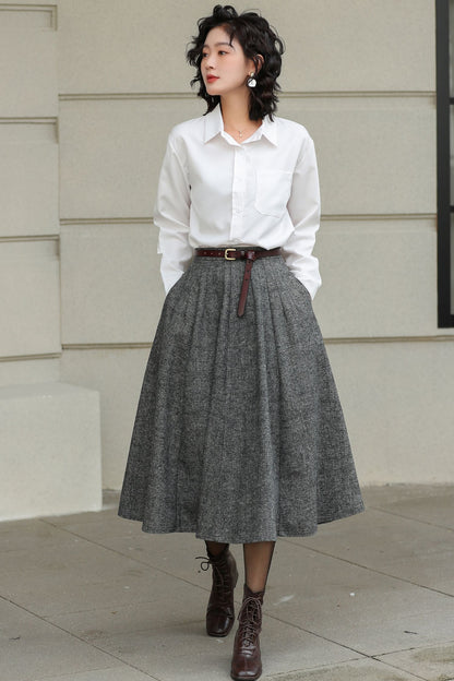 Grey Wool Pleated Midi Skirt - A-Line Silhouette with Pockets 6416