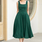 Stylish Deep Green A-Line Linen Suspender Dress with Square Neckline 5860