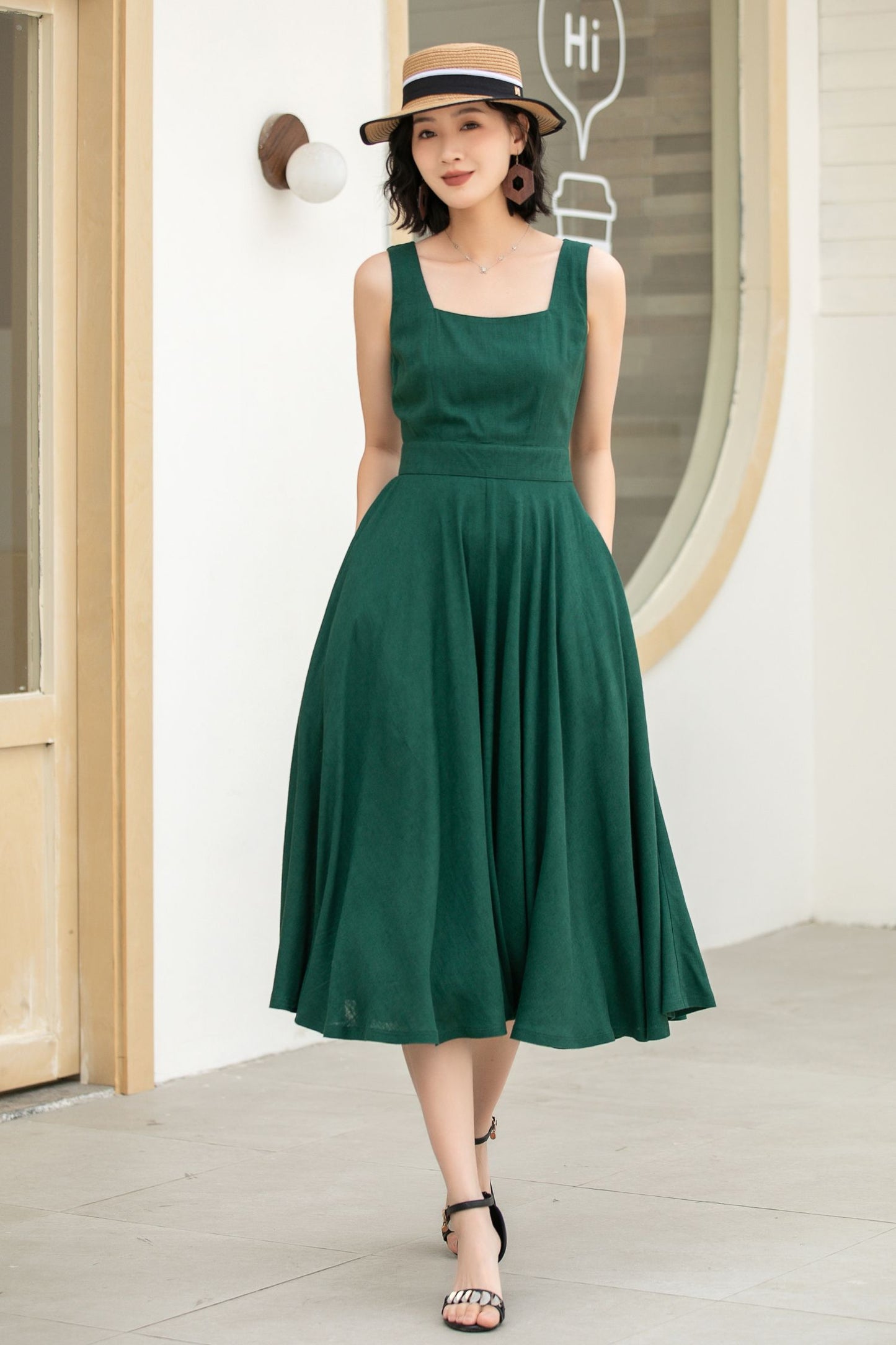 Stylish Deep Green A-Line Linen Suspender Dress with Square Neckline 5860