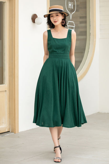 Green Linen Cotton Midi Dress - A-Line Square Neck Pockets | Xiaolizi 5860