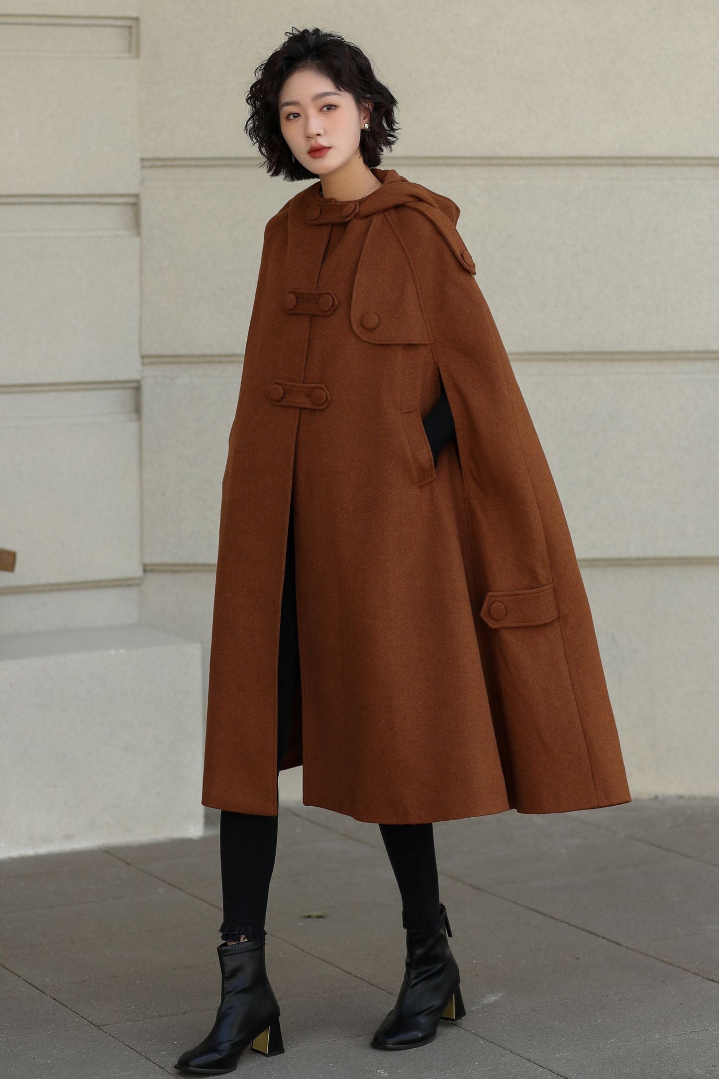 Handmade Wool Hooded Cape – Vintage Winter Cloak Coat with Pockets 6527